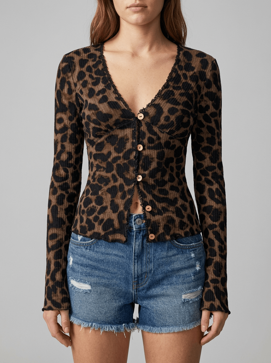 Leopard Print Button Down Top Women Short Sleeve Lace Trim Blouse — Kharites Shop - Kharites