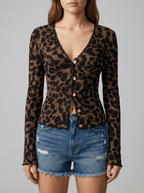 Leopard Print Button Down Top Women Short Sleeve Lace Trim Blouse — Kharites Shop - Kharites