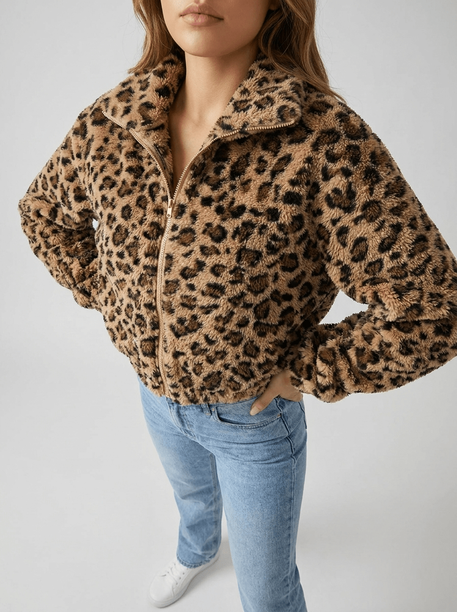 Leopard Print Jacket Women Fuzzy Cropped Zip Up Faux Fur Coat — Kharites Shop - Kharites