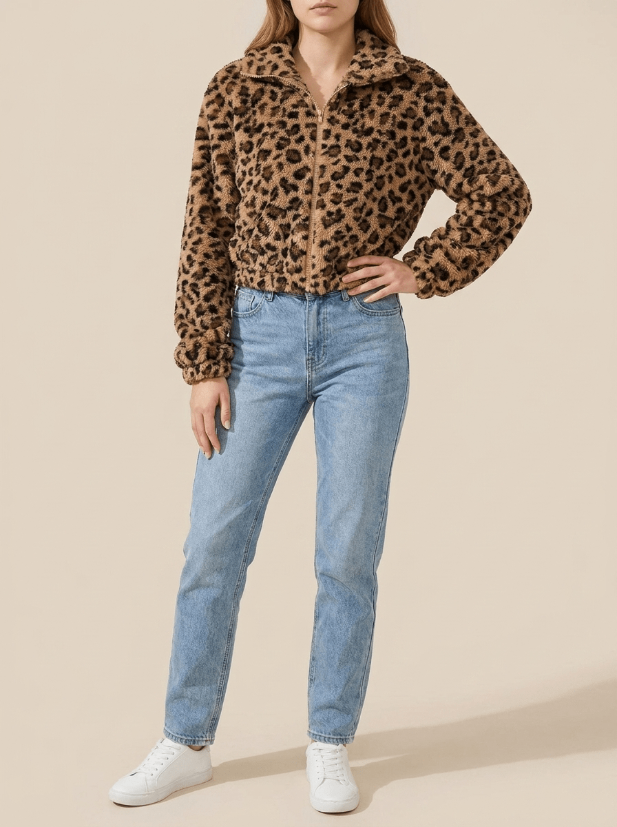 Leopard Print Jacket Women Fuzzy Cropped Zip Up Faux Fur Coat — Kharites Shop - Kharites