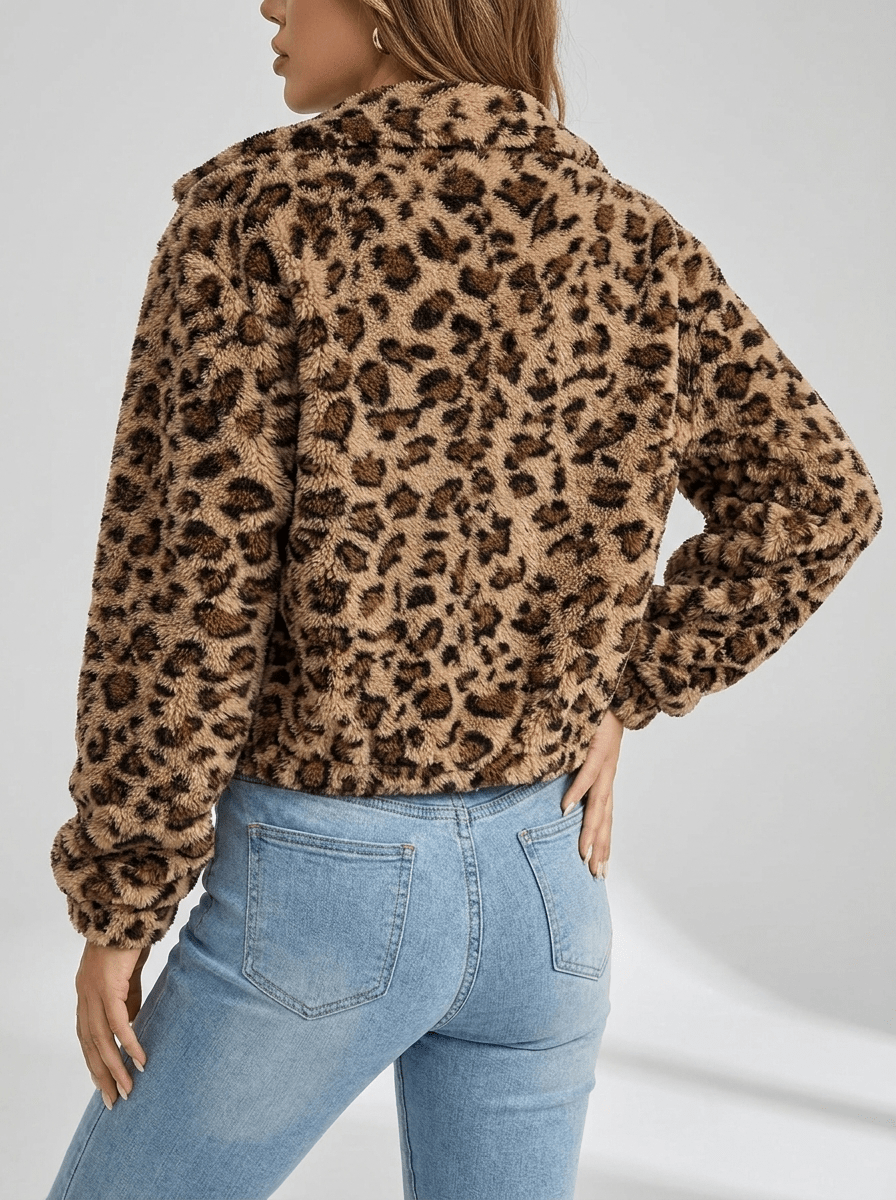 Leopard Print Jacket Women Fuzzy Cropped Zip Up Faux Fur Coat — Kharites Shop - Kharites