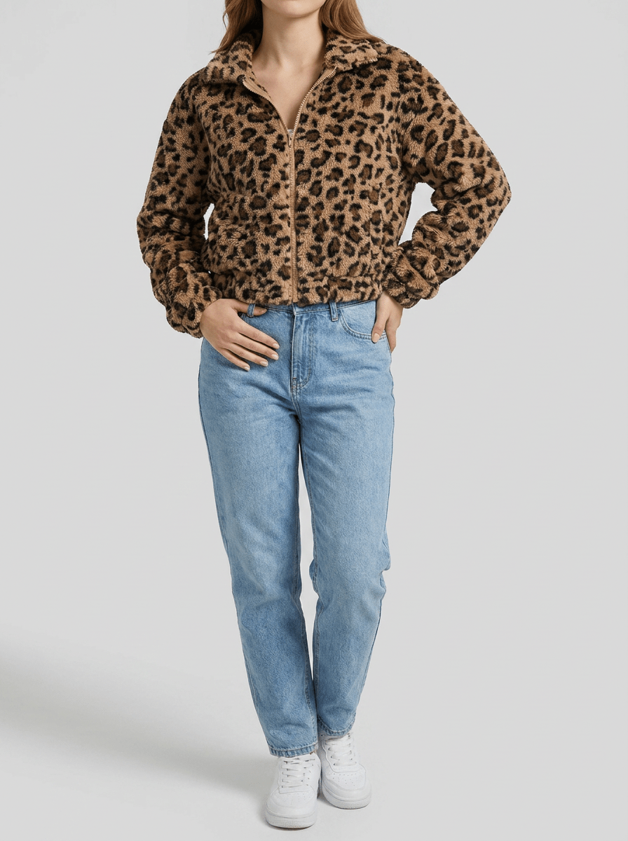 Leopard Print Jacket Women Fuzzy Cropped Zip Up Faux Fur Coat — Kharites Shop - Kharites