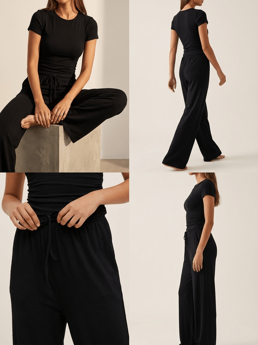 Matching Two Piece Set Knit Short Sleeve Top & Wide Leg Pants — Kharites Shop - Kharites