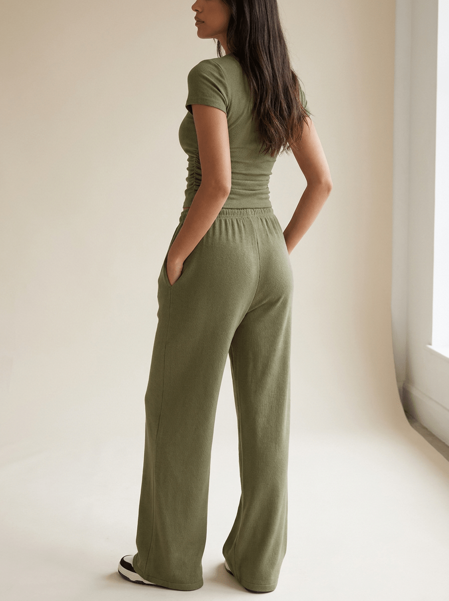 Matching Two Piece Set Knit Short Sleeve Top & Wide Leg Pants — Kharites Shop - Kharites