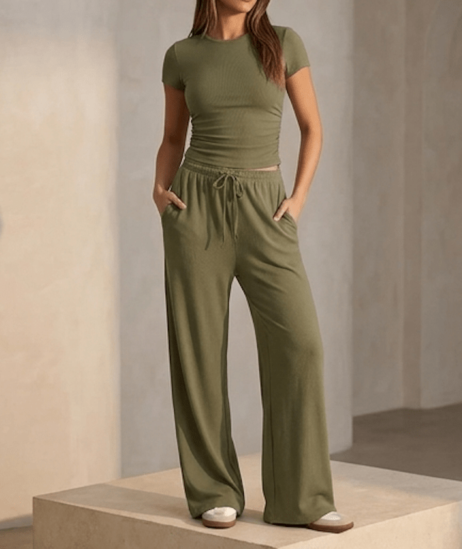 Matching Two Piece Set Knit Short Sleeve Top & Wide Leg Pants — Kharites Shop - Kharites