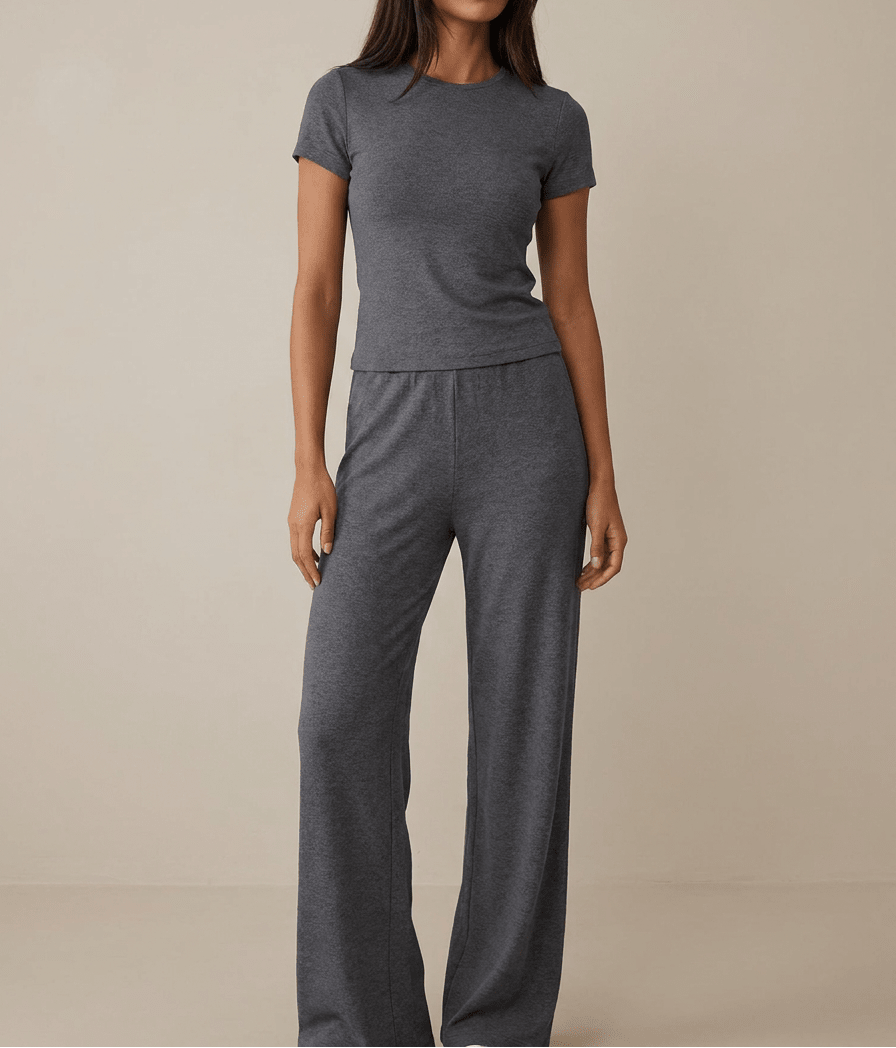 Matching Two Piece Set Knit Short Sleeve Top & Wide Leg Pants — Kharites Shop - Kharites