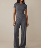 Matching Two Piece Set Knit Short Sleeve Top & Wide Leg Pants — Kharites Shop - Kharites