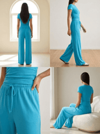 Matching Two Piece Set Knit Short Sleeve Top & Wide Leg Pants — Kharites Shop - Kharites