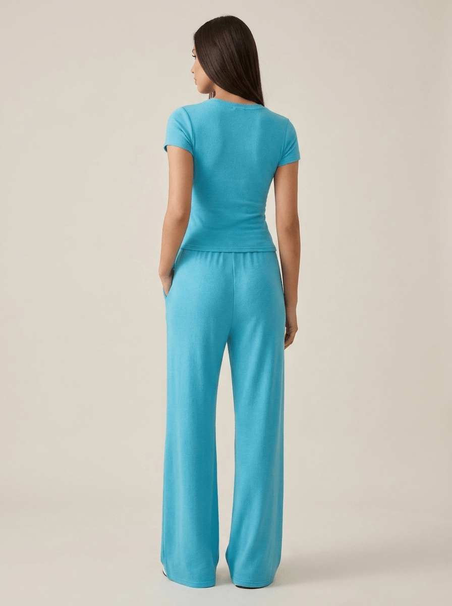 Matching Two Piece Set Knit Short Sleeve Top & Wide Leg Pants — Kharites Shop - Kharites