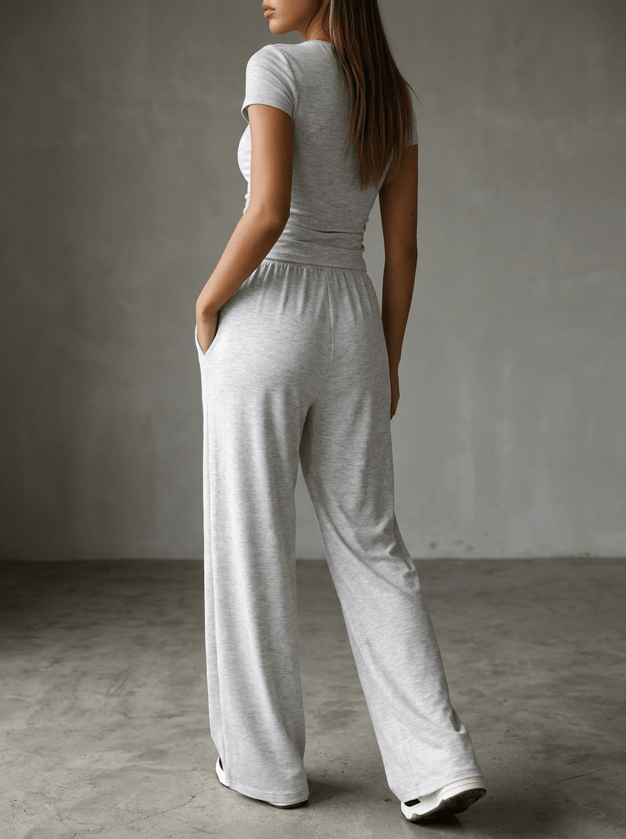 Matching Two Piece Set Knit Short Sleeve Top & Wide Leg Pants — Kharites Shop - Kharites