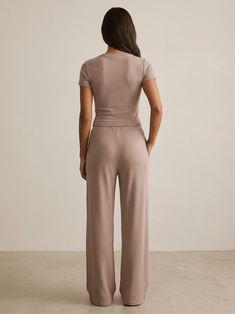 Matching Two Piece Set Knit Short Sleeve Top & Wide Leg Pants — Kharites Shop - Kharites