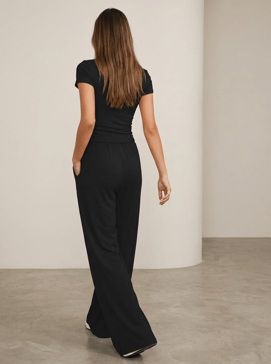 Matching Two Piece Set Knit Short Sleeve Top & Wide Leg Pants — Kharites Shop - Kharites