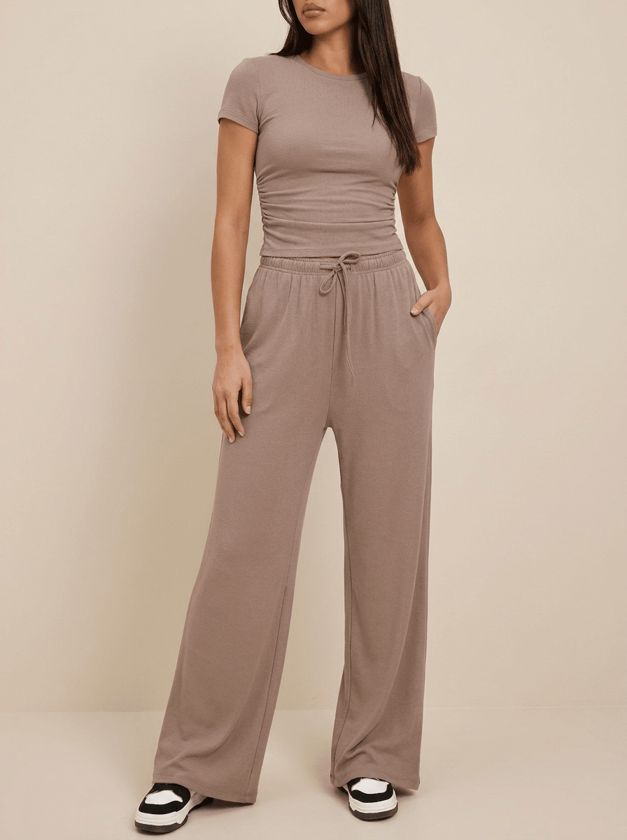 Matching Two Piece Set Knit Short Sleeve Top & Wide Leg Pants — Kharites Shop - Kharites