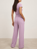 Matching Two Piece Set Knit Short Sleeve Top & Wide Leg Pants — Kharites Shop - Kharites