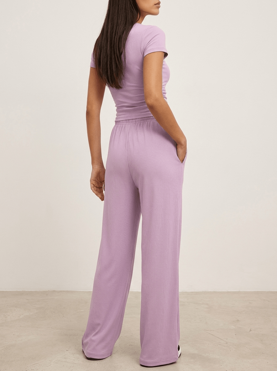 Matching Two Piece Set Knit Short Sleeve Top & Wide Leg Pants — Kharites Shop - Kharites