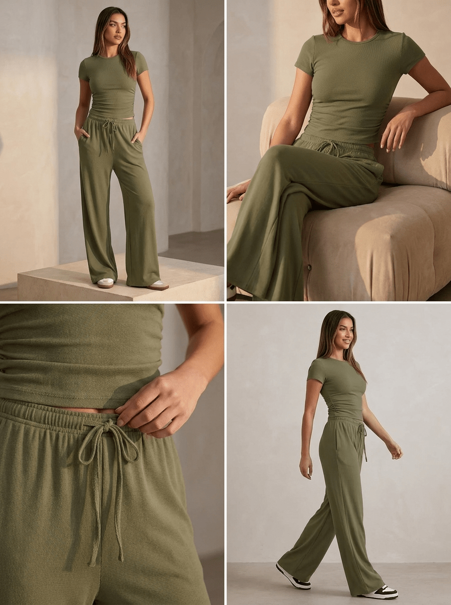 Matching Two Piece Set Knit Short Sleeve Top & Wide Leg Pants — Kharites Shop - Kharites