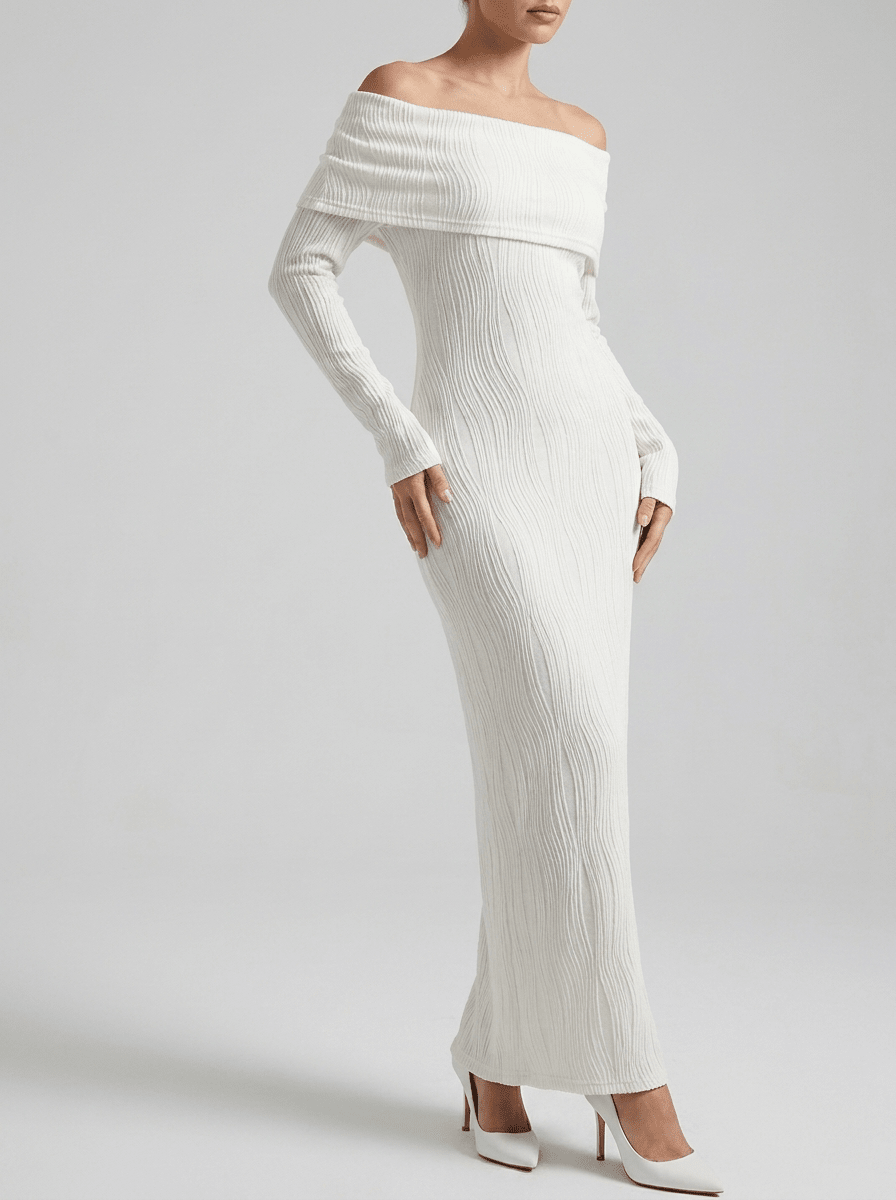 Off Shoulder Maxi Dress Women Textured Knit Ribbed Bardot Long Dress — Kharites Shop - Kharites