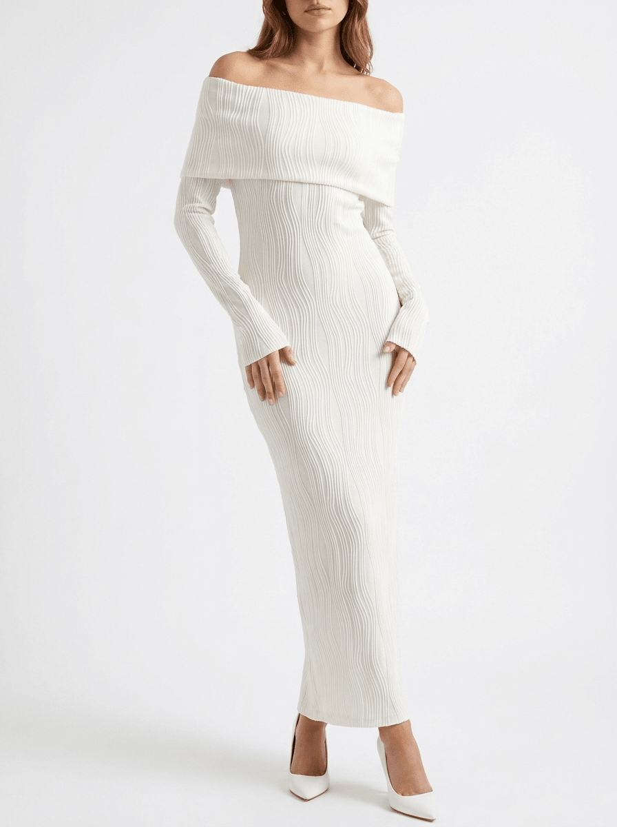 Off Shoulder Maxi Dress Women Textured Knit Ribbed Bardot Long Dress — Kharites Shop - Kharites