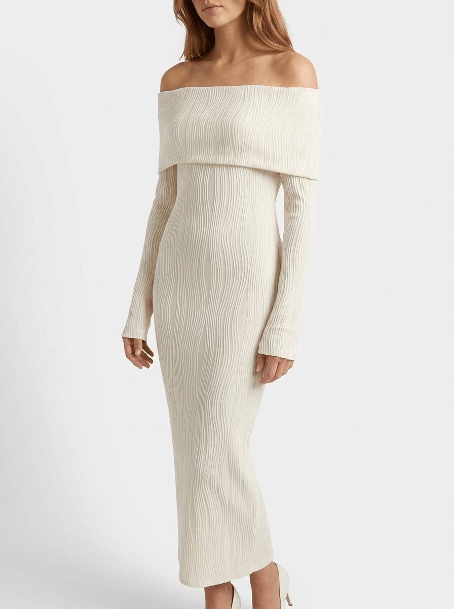 Off Shoulder Maxi Dress Women Textured Knit Ribbed Bardot Long Dress — Kharites Shop - Kharites