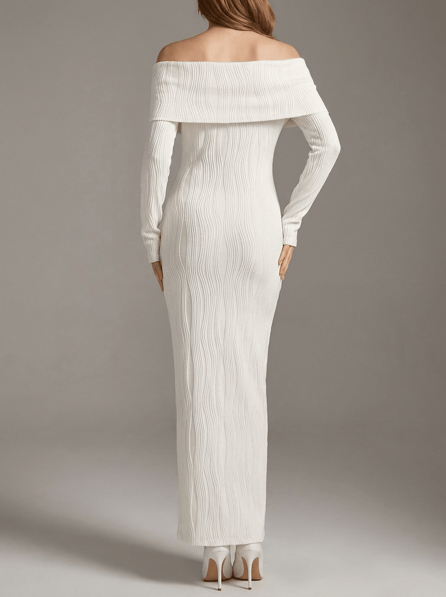 Off Shoulder Maxi Dress Women Textured Knit Ribbed Bardot Long Dress — Kharites Shop - Kharites