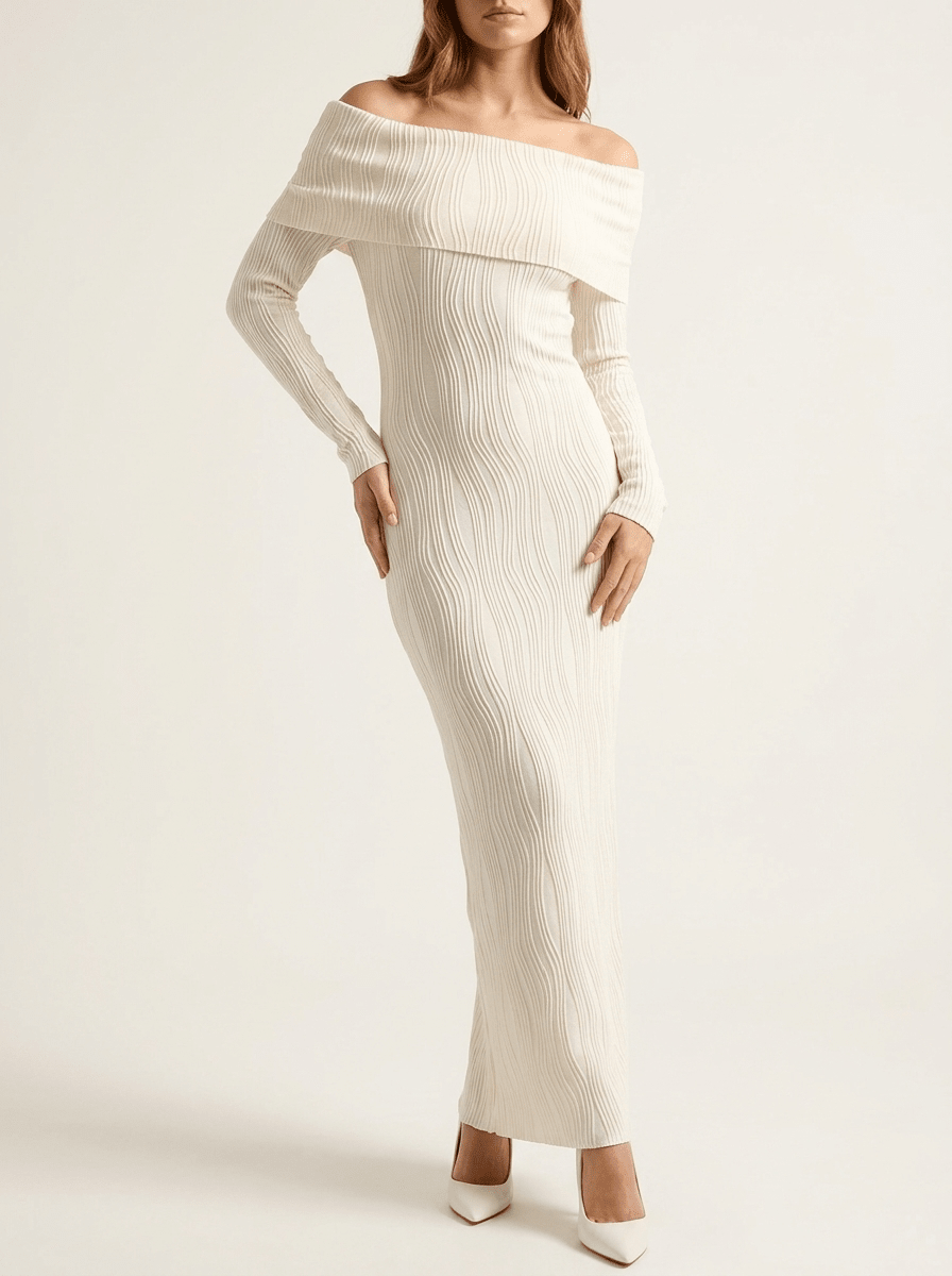 Off Shoulder Maxi Dress Women Textured Knit Ribbed Bardot Long Dress — Kharites Shop - Kharites