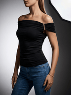 Off Shoulder Top Women Ruched Short Sleeve Fitted T Shirt — Kharites Shop - Kharites