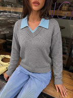 Oversized Contrast Collar Sweater Women Dropped Shoulder Ribbed Knit — Kharites Shop - Kharites