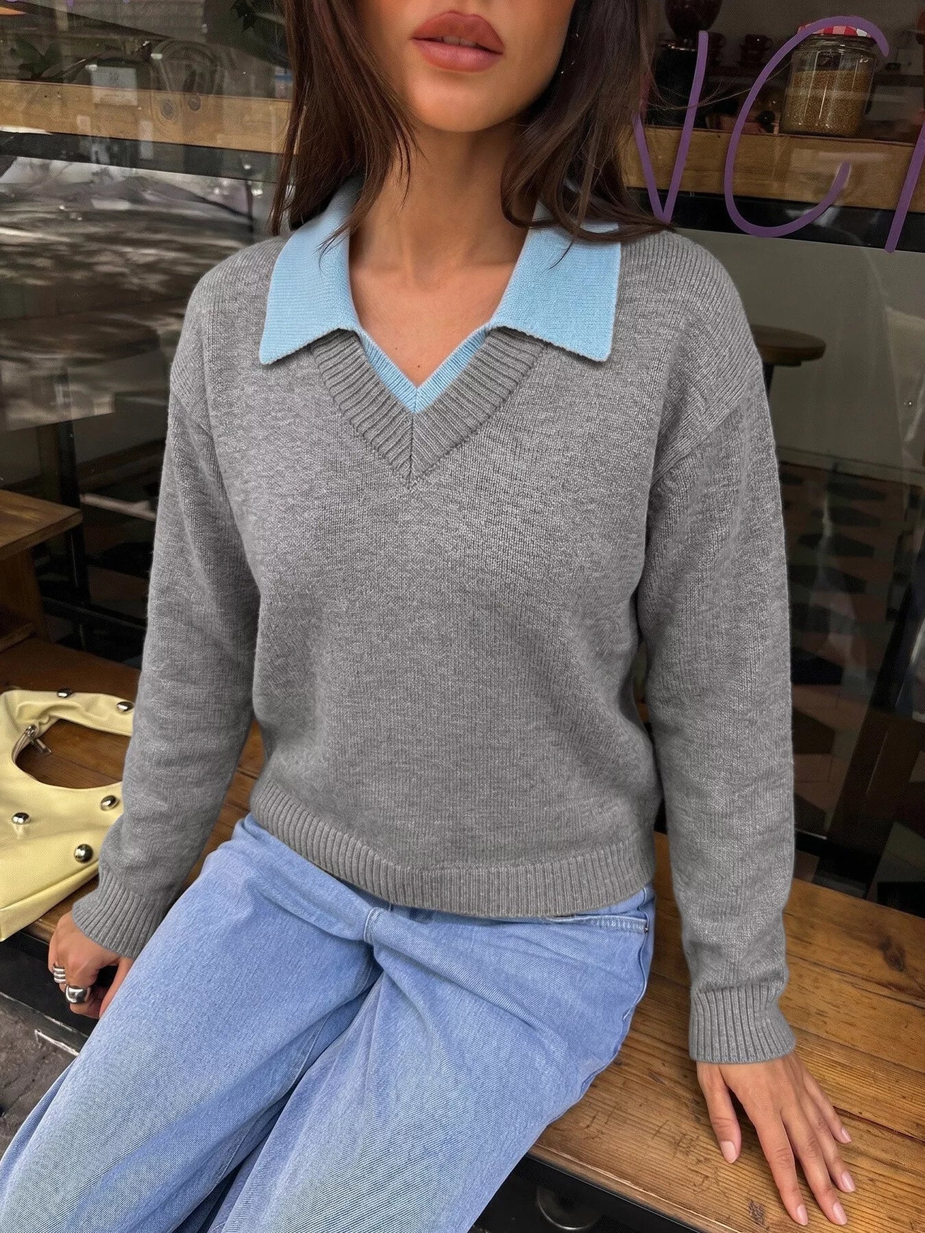 Oversized Contrast Collar Sweater Women Dropped Shoulder Ribbed Knit — Kharites Shop - Kharites