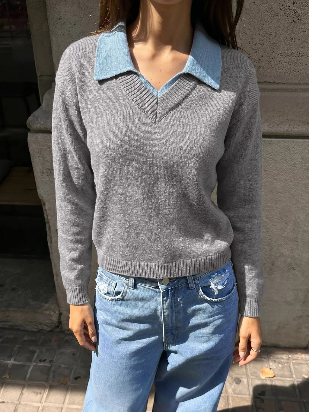 Oversized Contrast Collar Sweater Women Dropped Shoulder Ribbed Knit — Kharites Shop - Kharites