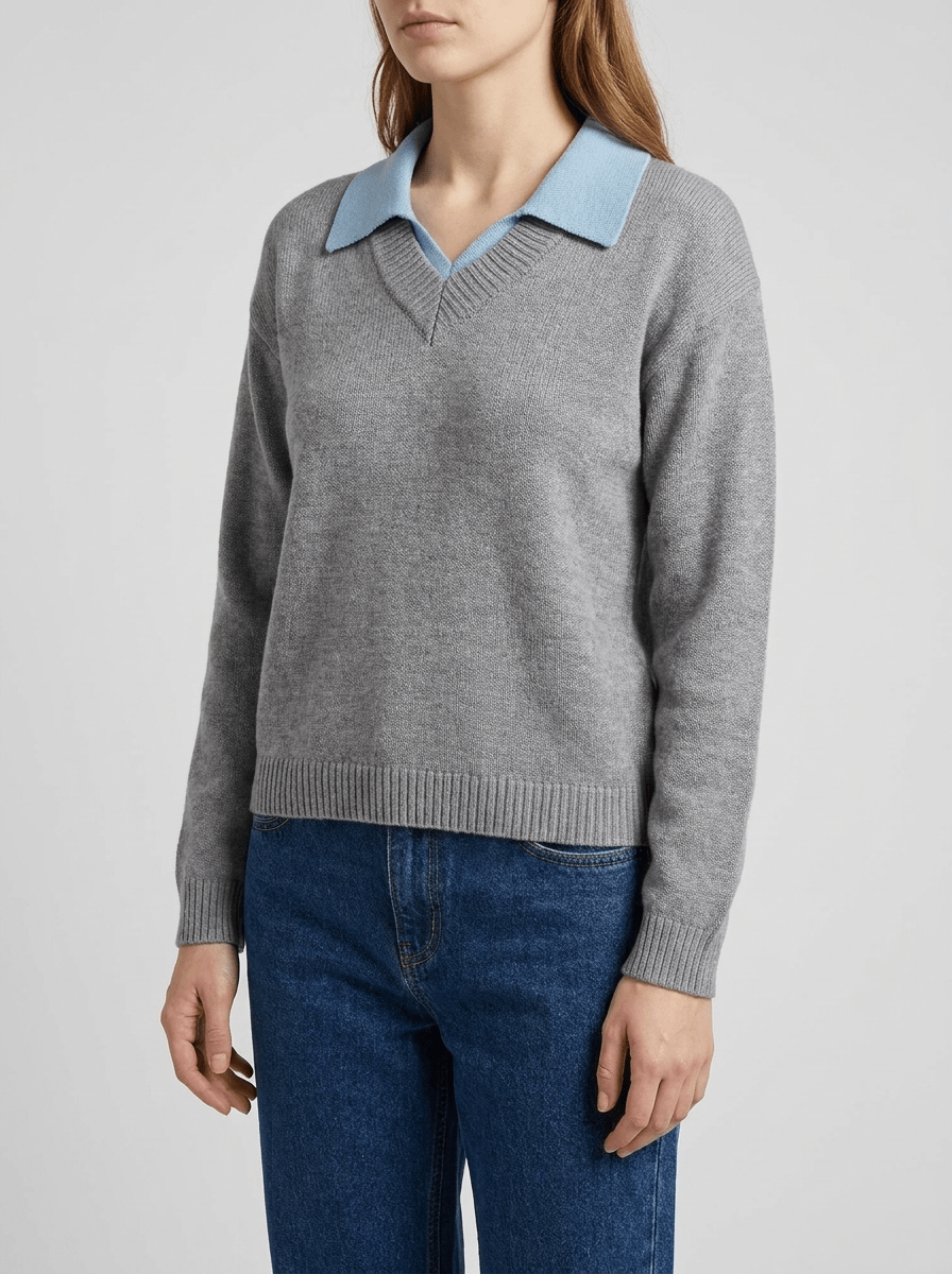 Oversized Contrast Collar Sweater Women Dropped Shoulder Ribbed Knit — Kharites Shop - Kharites
