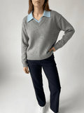 Oversized Contrast Collar Sweater Women Dropped Shoulder Ribbed Knit — Kharites Shop - Kharites