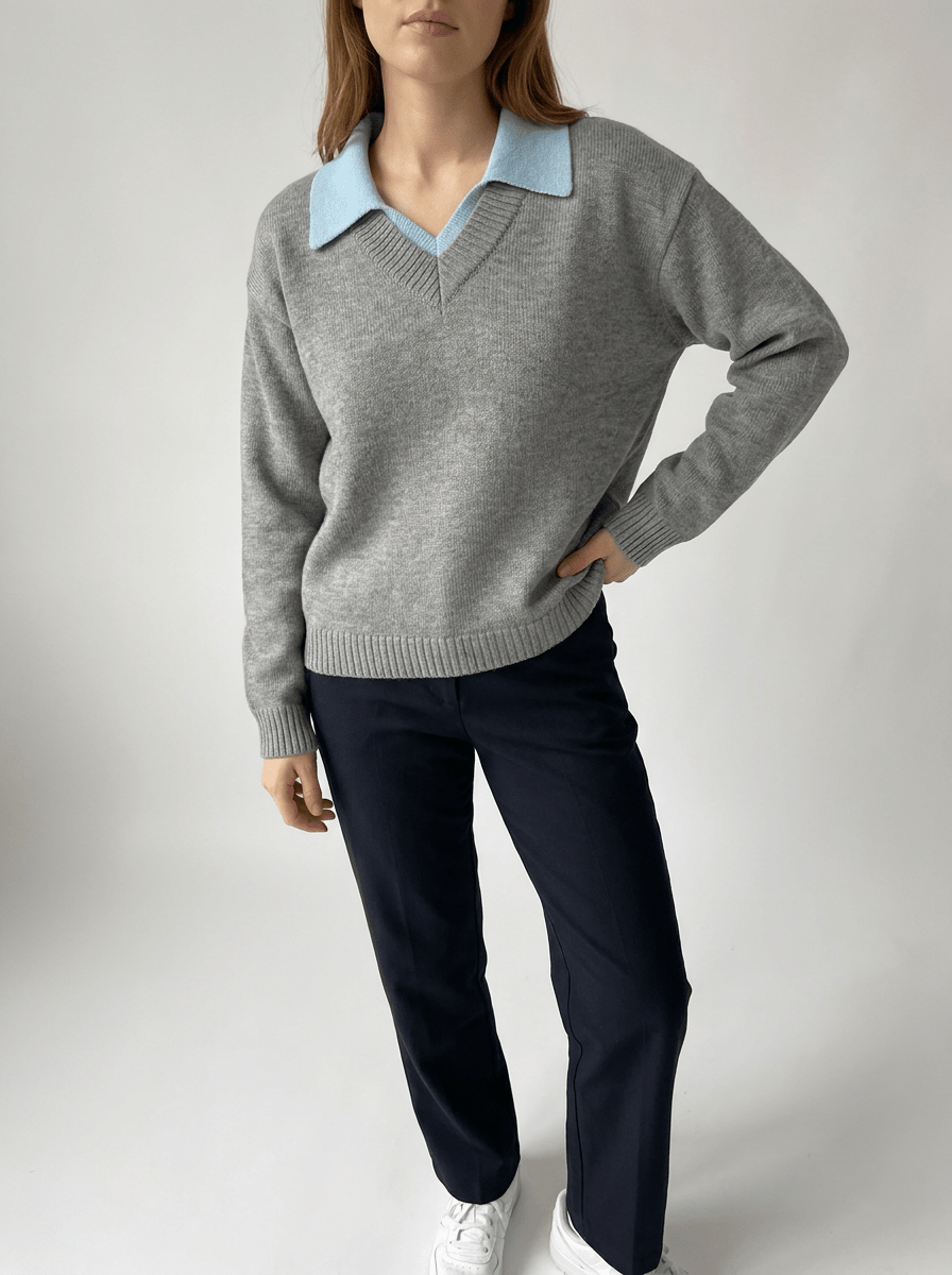 Oversized Contrast Collar Sweater Women Dropped Shoulder Ribbed Knit — Kharites Shop - Kharites