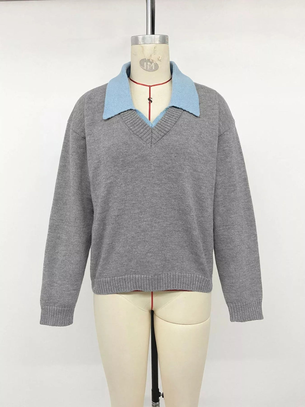 Oversized Contrast Collar Sweater Women Dropped Shoulder Ribbed Knit — Kharites Shop - Kharites