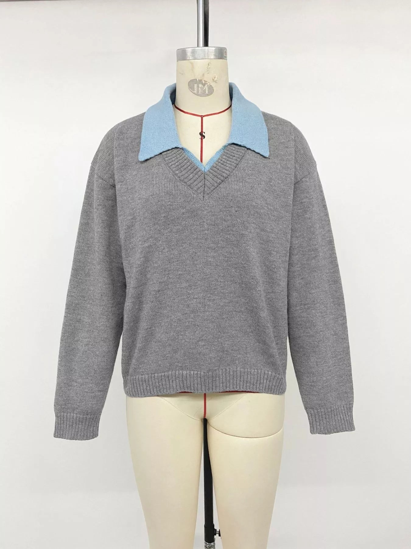 Oversized Contrast Collar Sweater Women Dropped Shoulder Ribbed Knit — Kharites Shop - Kharites