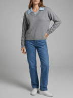 Oversized Contrast Collar Sweater Women Dropped Shoulder Ribbed Knit — Kharites Shop - Kharites
