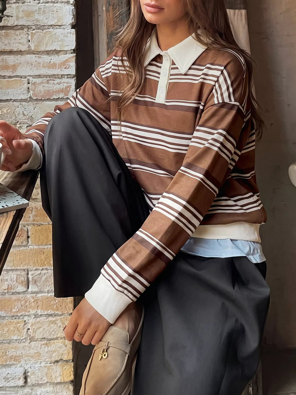 Oversized Striped Dropped Shoulder Sweatshirt Women Button Detail Top — Kharites Shop - Kharites