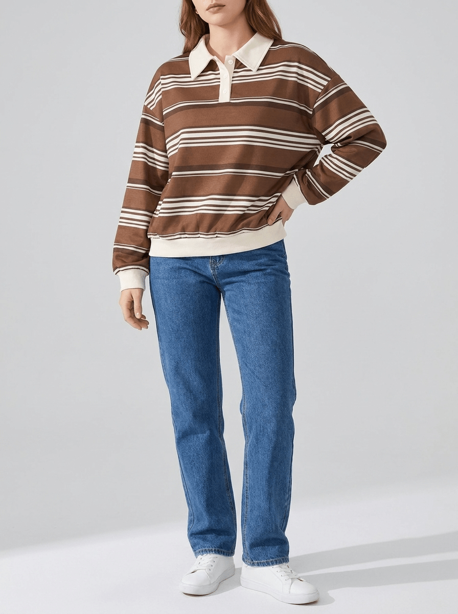 Oversized Striped Dropped Shoulder Sweatshirt Women Button Detail Top — Kharites Shop - Kharites