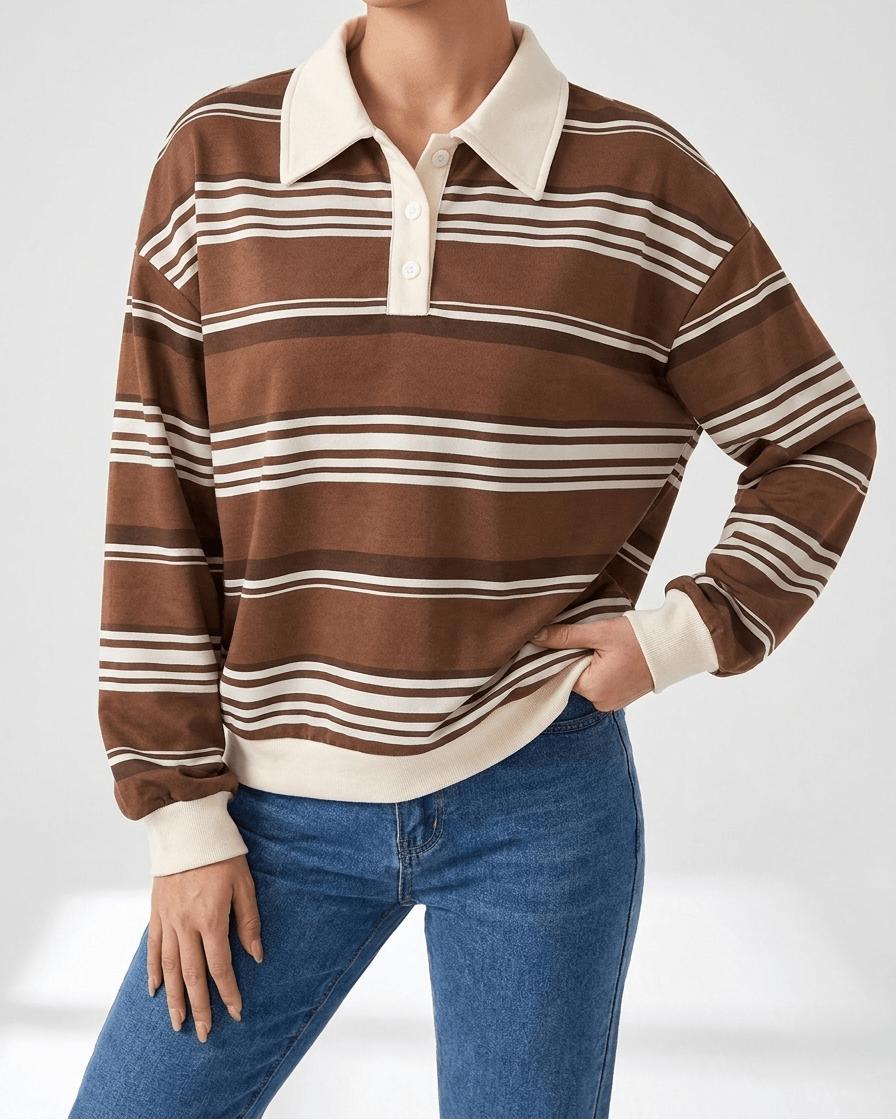 Oversized Striped Dropped Shoulder Sweatshirt Women Button Detail Top — Kharites Shop - Kharites