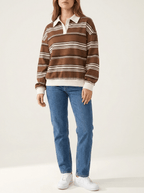 Oversized Striped Dropped Shoulder Sweatshirt Women Button Detail Top — Kharites Shop - Kharites