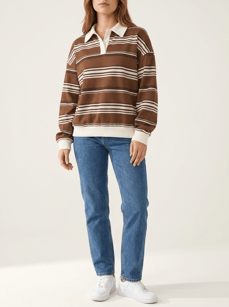 Oversized Striped Dropped Shoulder Sweatshirt Women Button Detail Top — Kharites Shop - Kharites