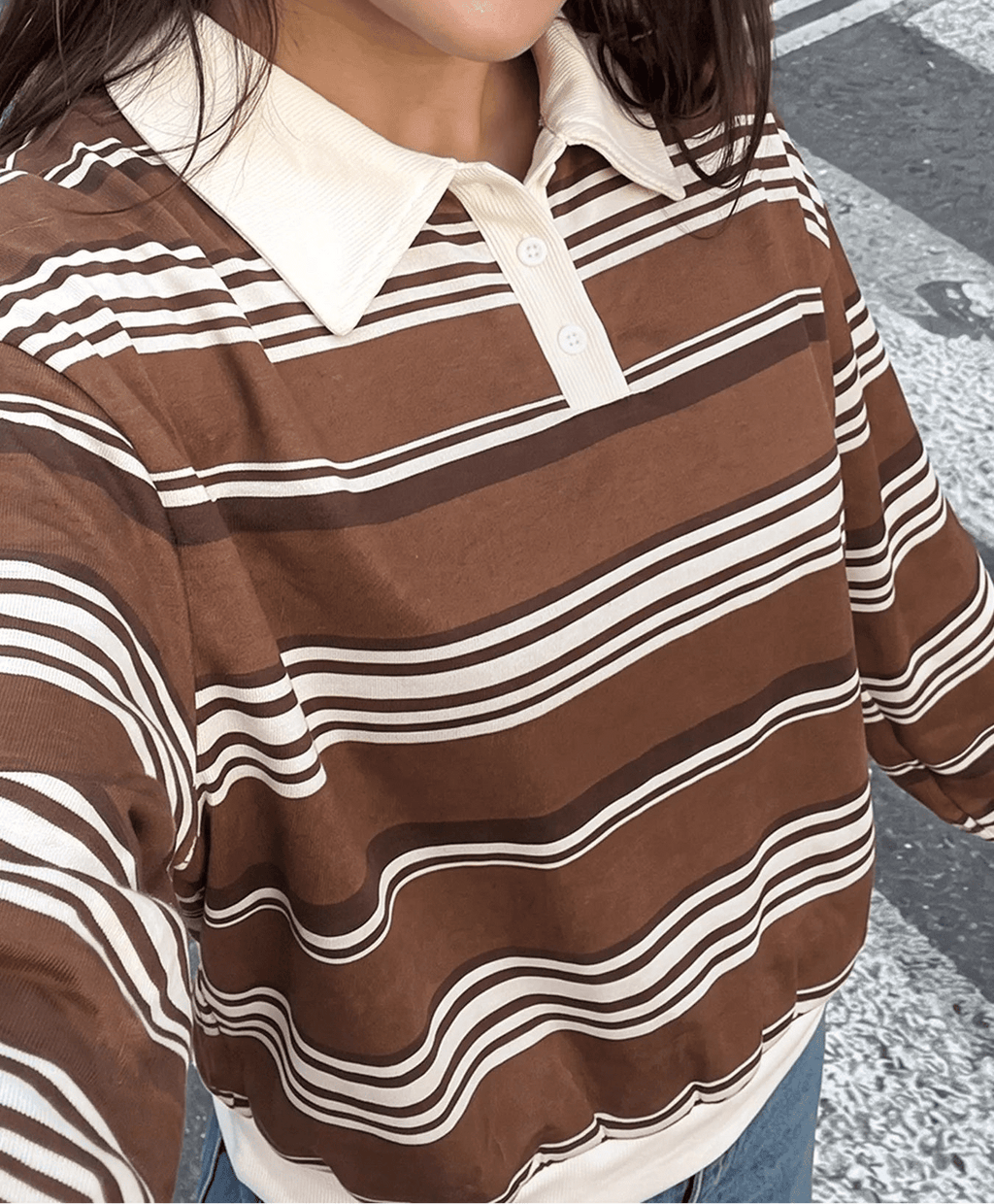 Oversized Striped Dropped Shoulder Sweatshirt Women Button Detail Top — Kharites Shop - Kharites