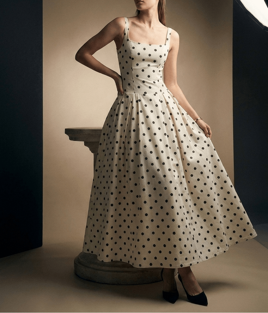 Polka Dot Square Neck Maxi Dress Women Side Slit Sleeveless — Kharites Shop - Kharites