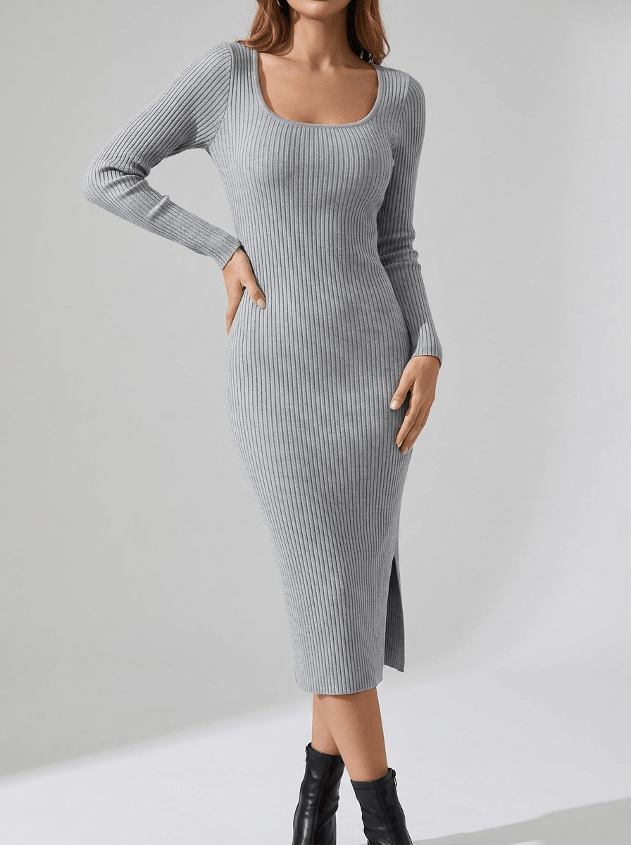 Ribbed Knit Midi Dress Women Scoop Neck Slit Long Sleeve Bodycon Dress — Kharites Shop - Kharites