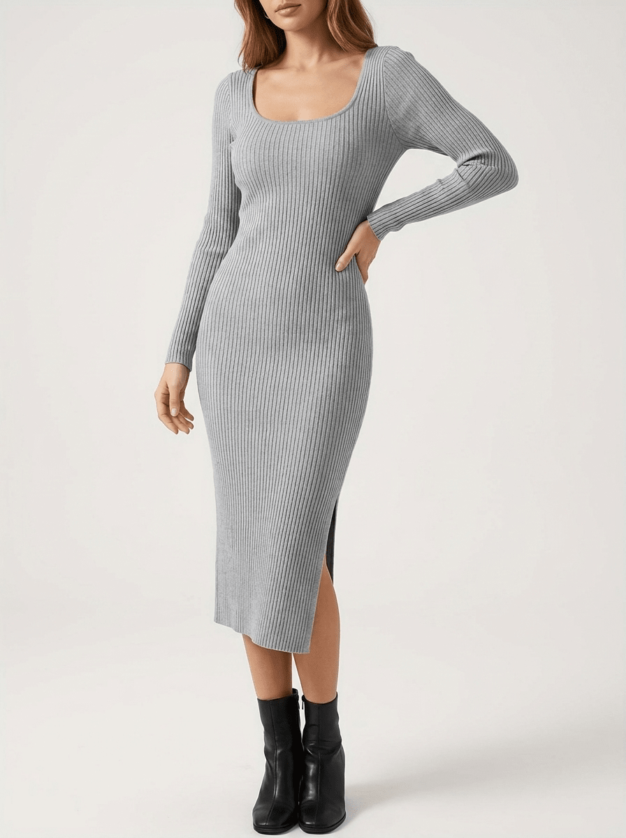 Ribbed Knit Midi Dress Women Scoop Neck Slit Long Sleeve Bodycon Dress — Kharites Shop - Kharites