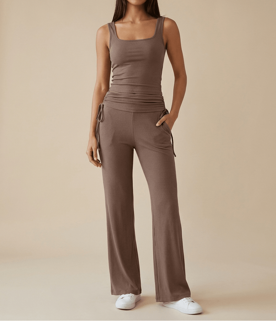 Ribbed Lounge Set Square Neck Tank Top & Drawstring Pants Two Piece — Kharites Shop - Kharites