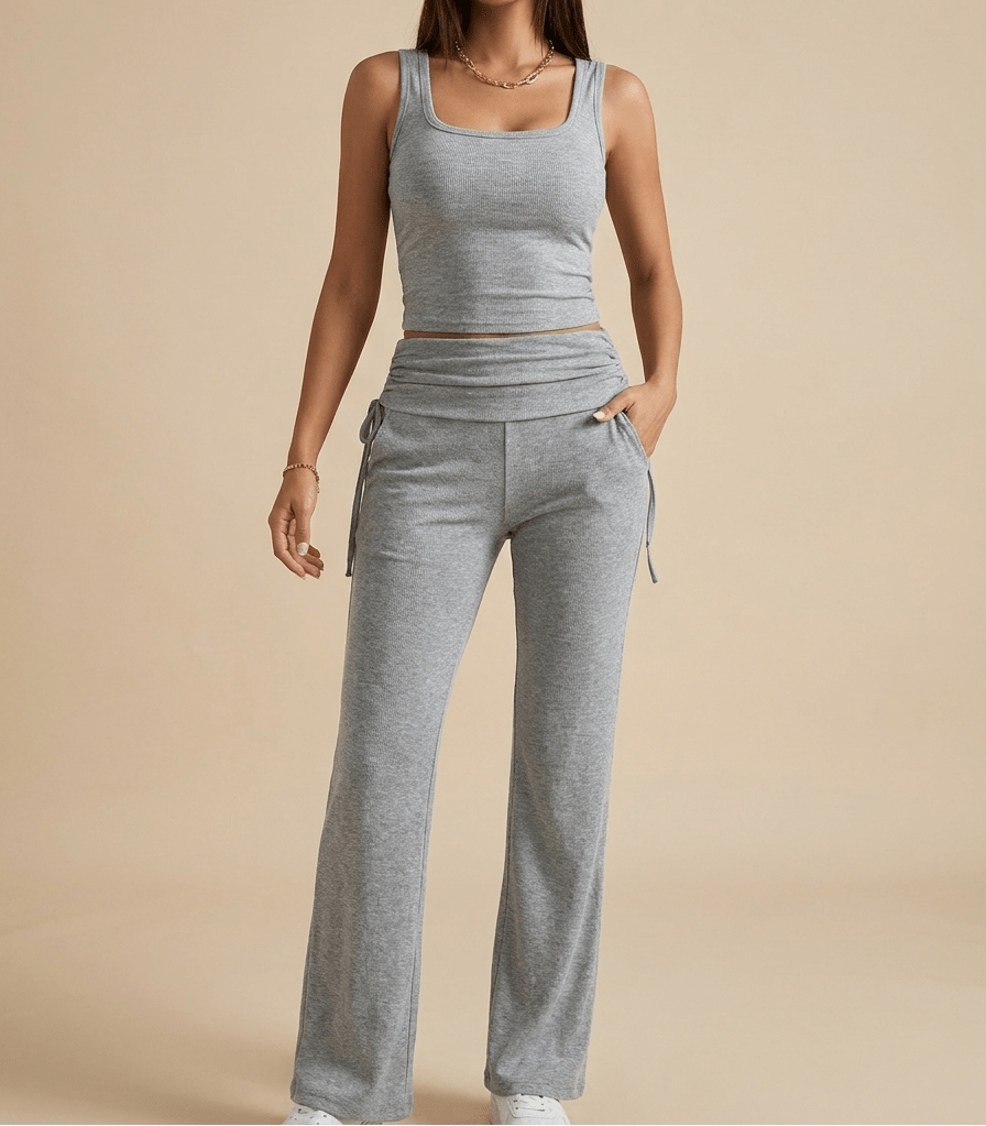 Ribbed Lounge Set Square Neck Tank Top & Drawstring Pants Two Piece — Kharites Shop - Kharites