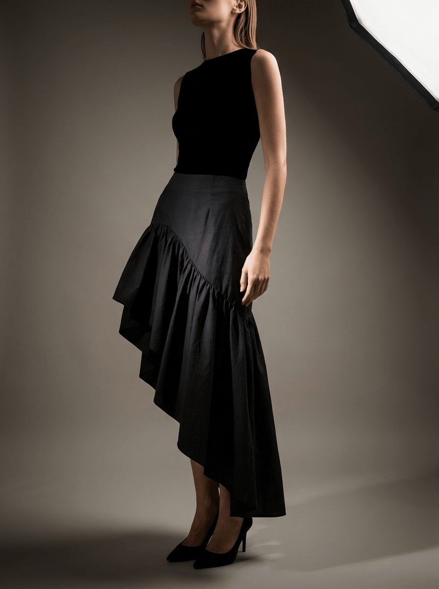 Ruffle Midi Skirt Women Asymmetrical Hem Cotton High Waisted Skirt — Kharites Shop - Kharites