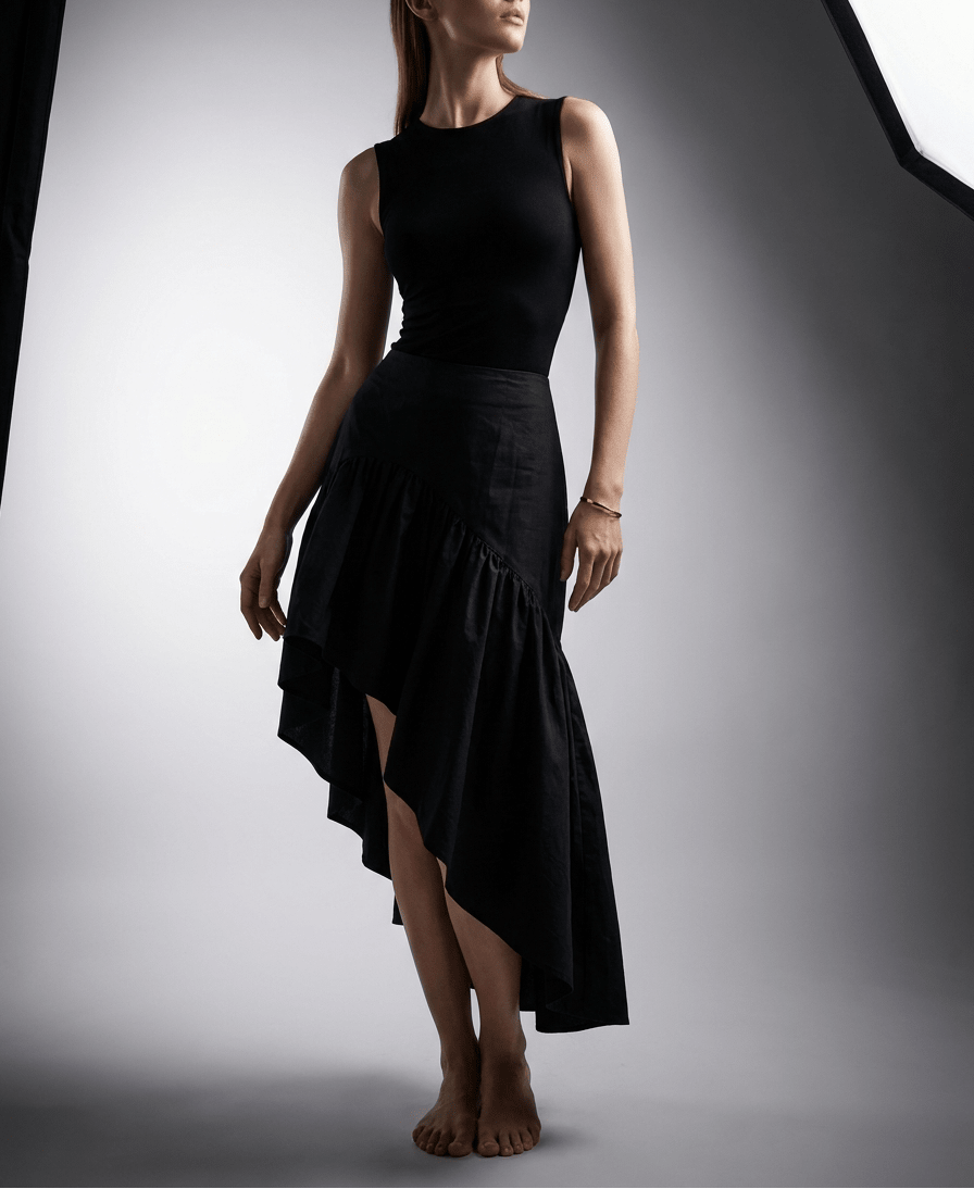 Ruffle Midi Skirt Women Asymmetrical Hem Cotton High Waisted Skirt — Kharites Shop - Kharites
