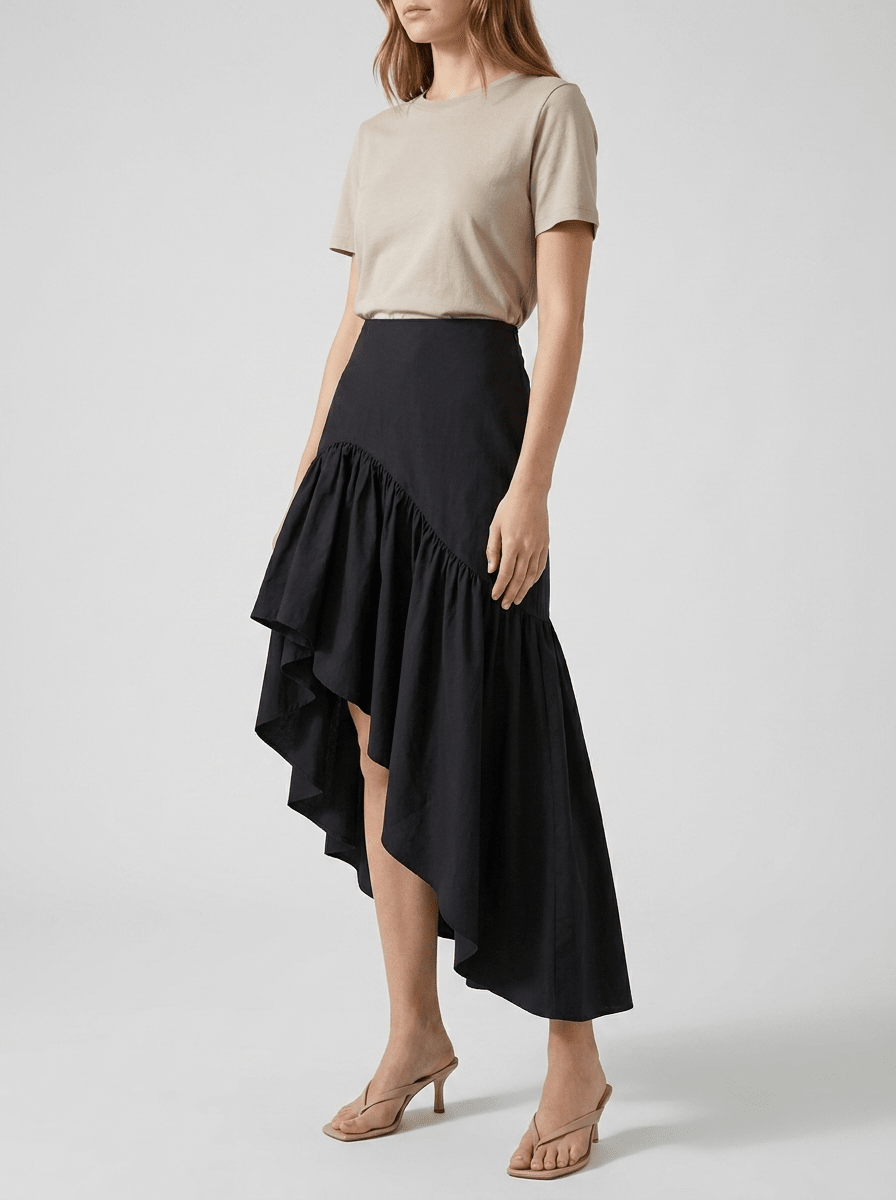 Ruffle Midi Skirt Women Asymmetrical Hem Cotton High Waisted Skirt — Kharites Shop - Kharites