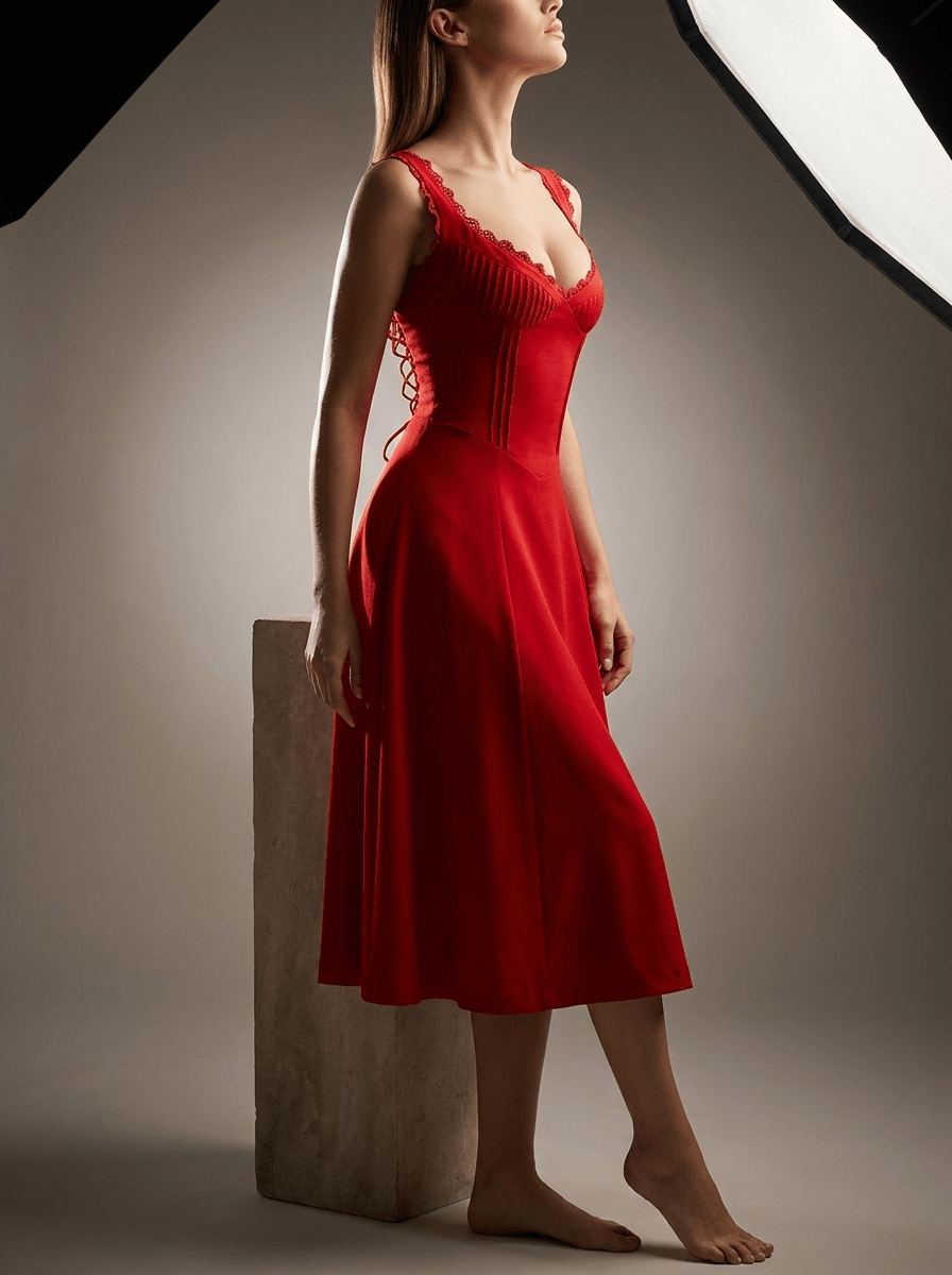 Scalloped V Neck Midi Dress Women Lace Up Back Cotton Sleeveless — Kharites Shop - Kharites